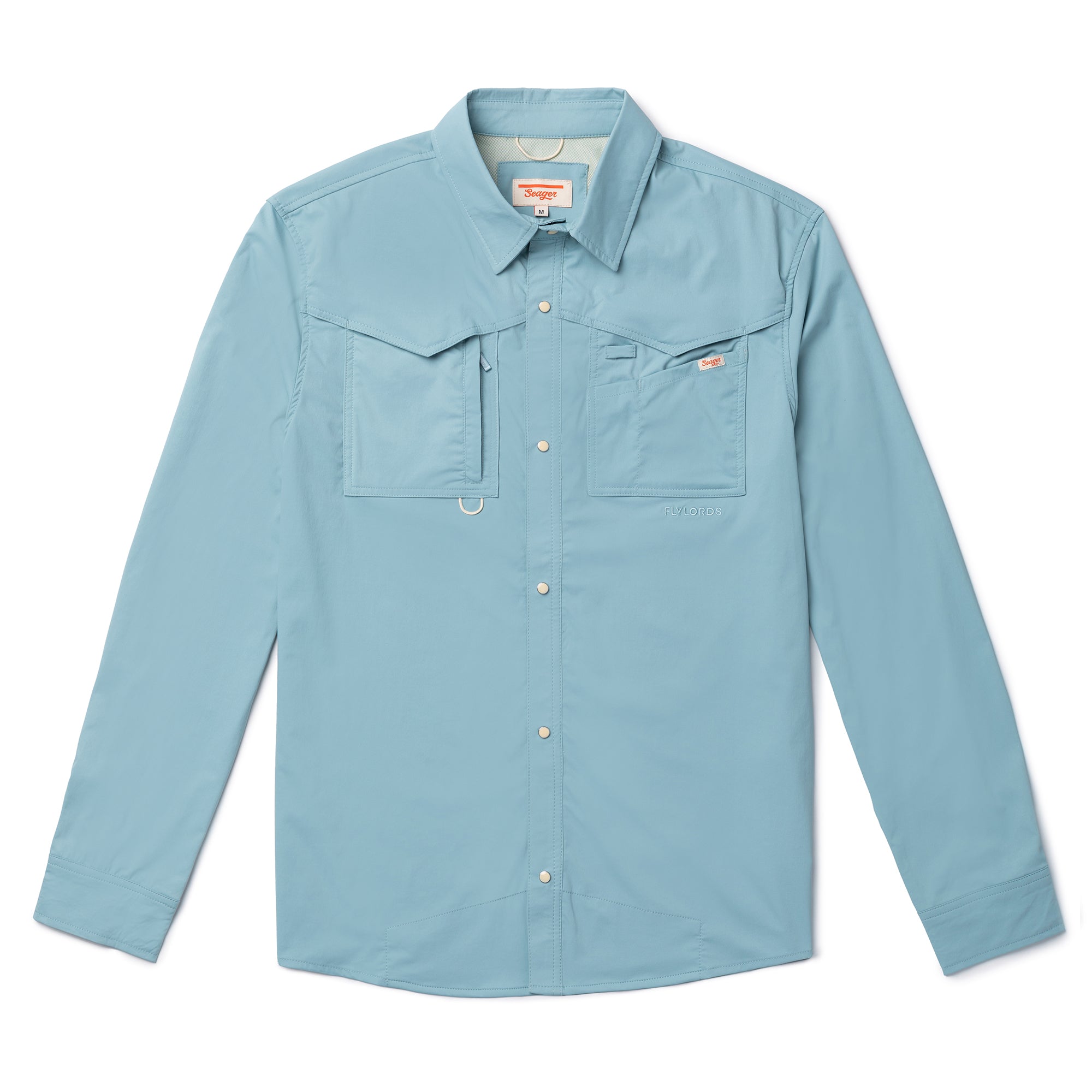 Seager x Flylords El Pescador Shirt Teal - Water Resistant Nylon/Spandex Fishing Western Pearl Snaps & Ventilated Mesh, S